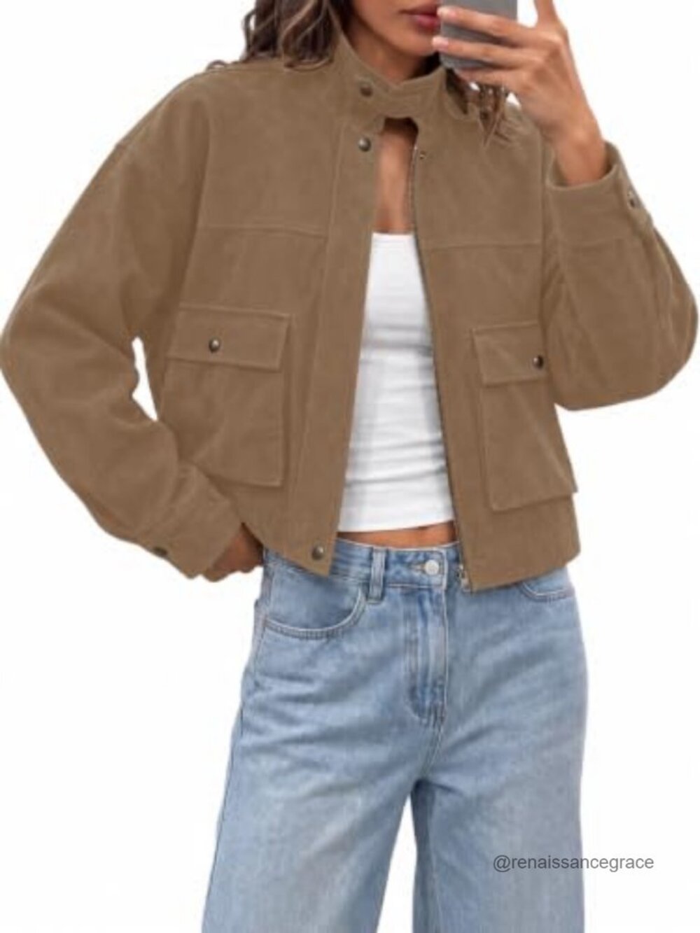 Faux Suede Bomber Jacket Cropped Utility Coat Fall Outwear